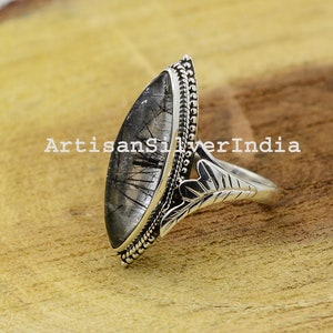 Marquise Black Rutile Ring: Handmade 925 Sterling Silver