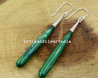 Natural Malachite Silver Earring, Long Drop Earrings, 925 Silver Earrings, Dangling Earrings, Malachite Earring, Gift for Her, Women Earring