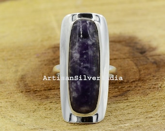Natürlicher Lepidolith 925 Sterling Silber Ring: Boho Edelstein Schmuck