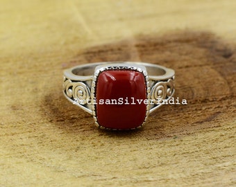 Anillo de coral rojo: anillo de plata de ley 925 oxidada con piedras preciosas