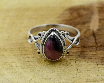 Pear Rhodonite 925 Sterling Silver Ring: Handmade Gemstone Jewelry