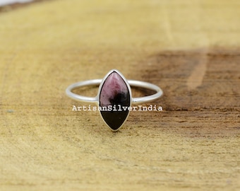 Dainty Pink Rhodonite Ring: 925 Sterling Silver Marquise Gemstone