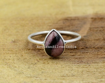 Bague en argent sterling 925 avec rhodonite poire : bijoux délicats en pierres précieuses