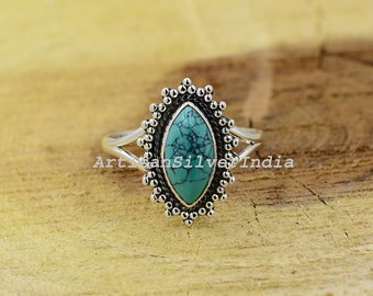 Anello fatto a mano con turchese marquise: gioielli boho in argento sterling 925