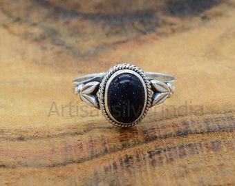 Blue Goldstone 925 Sterling Silver Ring: Oval Boho Statement Ring