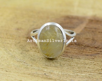 Bague rutile dorée, bague de déclaration, bague en argent sterling, bague en argent quartz rutilé, bague femme, bague en pierre précieuse, bijoux en quartz rutile.