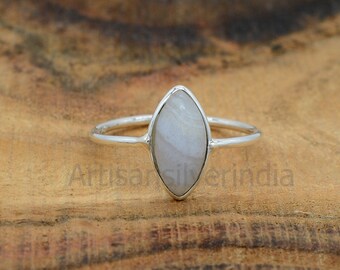 Blue Lace Agate Ring: Marquise 925 Sterling Silver, Dainty Antique Style
