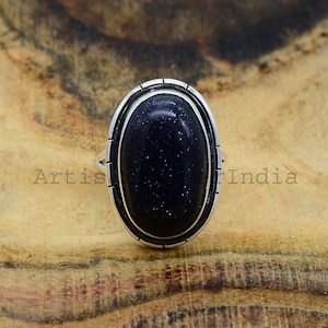 Blue Goldstone Ring, Sterling Silver Ring, Boho Jewelry, Handmade Ring, Sandstone Ring, Anniversary Gifts, Gemstone Jewelry, Gift for Her.