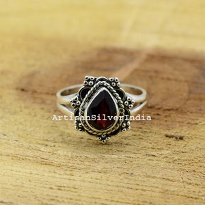 Pear Garnet 925 Sterling Silver Ring: Handmade Boho Jewelry