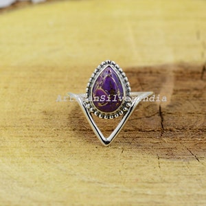 Pear Purple Copper Turquoise Ring, 925 Sterling Silver Handmade Jewelry