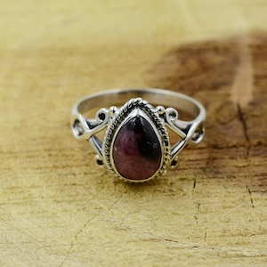 Pear Rhodonite 925 Sterling Silver Ring: Handmade Gemstone Jewelry