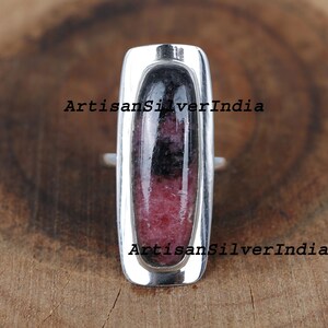 Handmade Rhodonite Ring: 925 Sterling Silver Bohemian Jewelry
