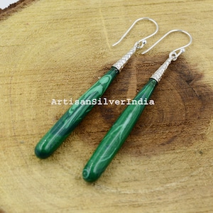 Pendientes de plata con malaquita natural, pendientes largos, pendientes de plata 925, pendientes colgantes, pendientes de malaquita, regalo para ella, pendientes para mujer