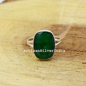 Green Emerald Ring, May Birthstone Ring, Cut Stone Ring, 925 Silver Ring, Dyed Emerald Engagement Ring, Statement Jewelry, Anniversary Gift.