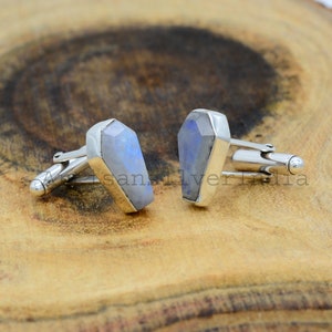 White Moonstone Cufflinks, Rainbow Moonstone Coffin, 925 Silver Jewelry, Coffin Cufflinks,Handmade Jewelry, Bar Cufflinks, Moonstone Jewelry