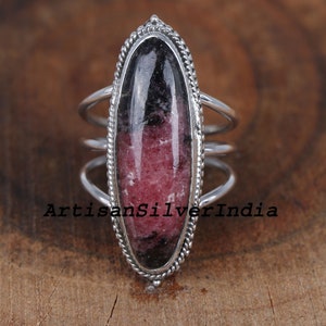 Anello ovale in argento sterling 925 con rodonite - Anello Boho