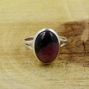Handmade Rhodonite Ring: Oval Gemstone, 925 Sterling Silver