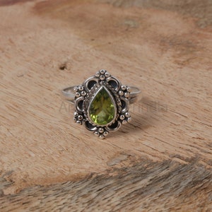Pear Peridot Sterling Silver Ring: August Birthstone Jewelry