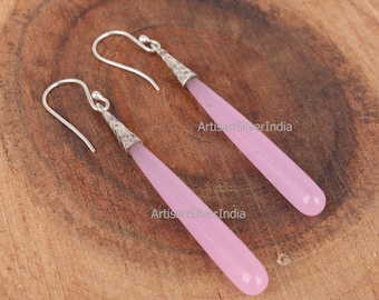 Handmade Pink Chalcedony Teardrop Earrings, 925 Sterling Silver