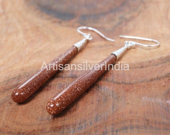 Brown Goldstone Dangle Earrings: 925 Sterling Silver Teardrop Earrings