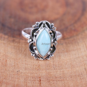 Natural Larimar 925 Sterling Silver Ring: Oxidized Marquise Gemstone