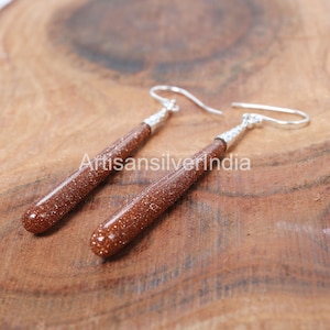 Pendiente de piedra dorada marrón, pendientes largos, pendientes de plata 925, pendientes colgantes, pendientes de piedra solar, regalo para ella, pendiente de fiesta.