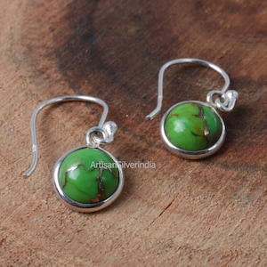 Groene turkooizen oorbellen, turkoois koperoorbel, sierlijke minimalistische oorbel, 925 zilveren oorbellen, handgemaakte oorbellen, cadeaus voor bruiloft.