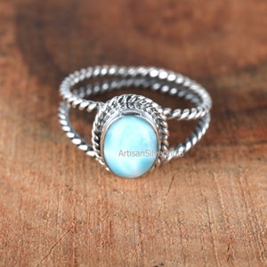 Natural Larimar Ring: Handmade 925 Sterling Silver Boho Band