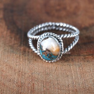Oyster Copper Turquoise Ring: 925 Sterling Silver, Handmade