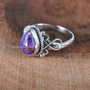 Anel de cobre turquesa roxo pera, prata esterlina 925