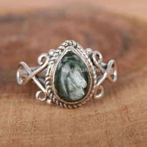 Seraphinite Gemstone Ring, 925 Silver Ring, Handmade Ring, Gift for Sister, Green Seraphinite Ring, Everyday Ring, Statement Jewelry.