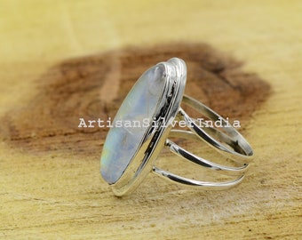 Oval Rainbow Moonstone Ring: Sterling Silver Antique Gemstone