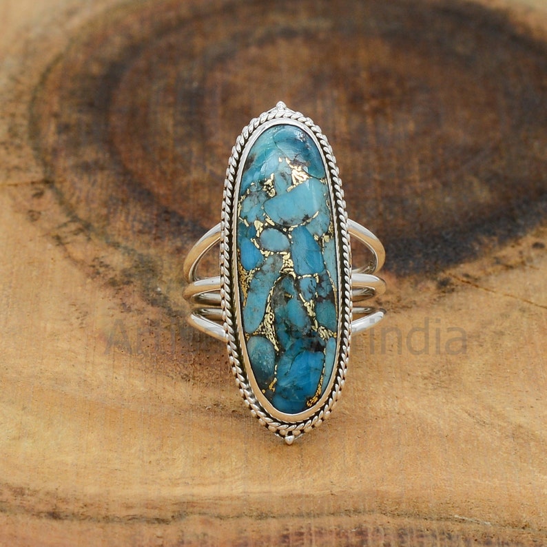 Blue Copper Turquoise Oval Ring, 925 Silver Ring, Long Gemstone Ring, Large Ring, Boho Turquoise Ring, Copper Turquoise Ring, Women Rings image 1