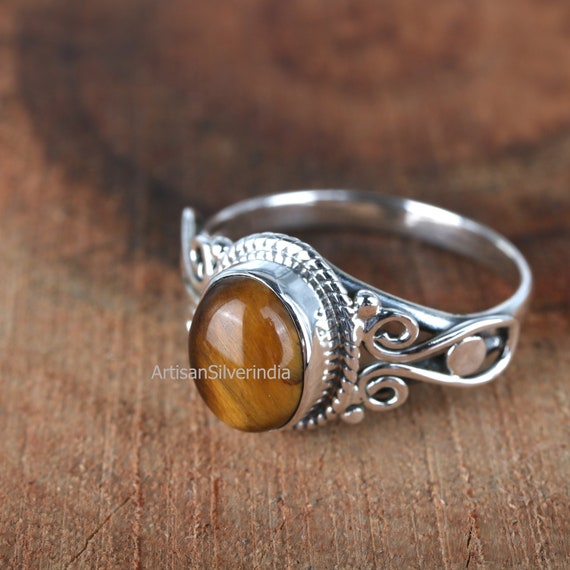 Anillo de ojo de tigre natural anillo de plata 925 anillo de promesa de ojo de
