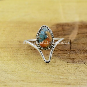 Auster Kupfer Türkis Ring, Edelstein Ring, Handgemachter Ring, Minimalist Schmuck, Zierlicher Ring, 925 Silber Ring, Antiker Ring, Solitär Ringe.