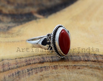 Handmade Red Coral Ring: 925 Sterling Silver Marquise Gemstone - Etsy