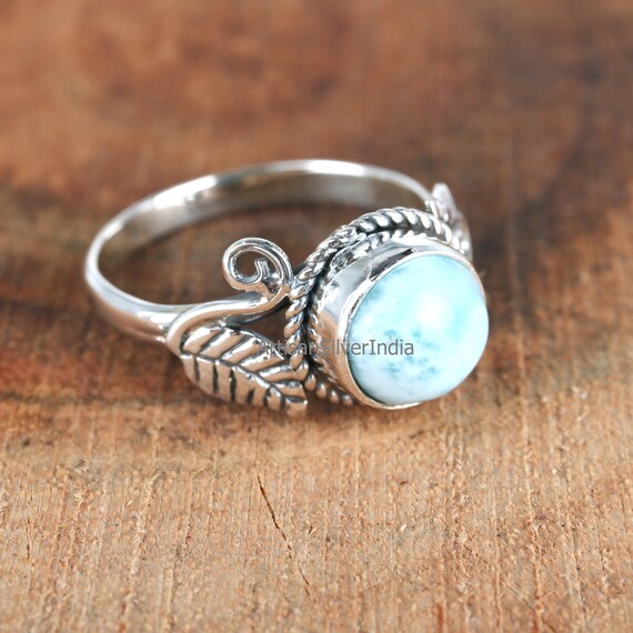 ブルーラリマーリング：925スターリングシルバー、ラウンド