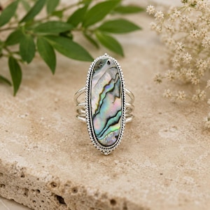 Abalone Shell Ring: Gothic 925 Sterling Silver Solitaire