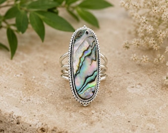 Abalone Shell Ring: Gothic 925 Sterling Silver Solitaire