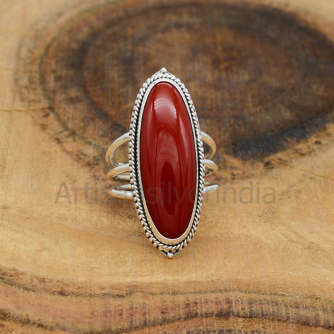 thumbnail image 2 of Natural Red Coral 925 Sterling Silver Handmade Ring – Oval Gemstone – All Sizes CK-191 2 of 5