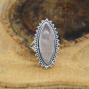 Marquise Rose Quartz Ring: Handmade 925 Sterling Silver Boho Ring