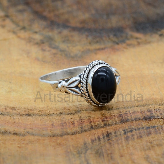 Koral Jewelry Black Onyx Gypsy Ring - 925 Sterling Silver, Vintage Boho Style (Sizes 7-10)