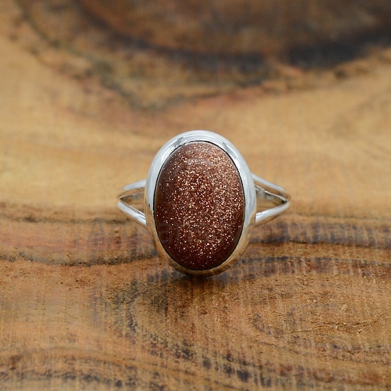 Brown Goldstone Ring: Oval Gemstone, 925 Sterling Silver