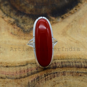 Rote Koralle Ring: Ovaler Stein, 925 Sterling Silber, Boho Schmuck