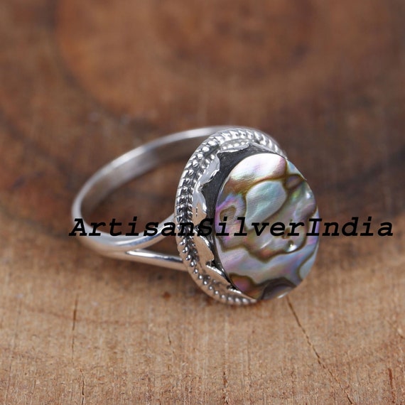 Bague Ancienne En Argent Massif 925 Avec Décor Abalone - Taille 59 - État Occasion Avec Usures