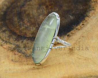 Genuine Prehnite Sterling Silver Ring For Women - 55Carat Oval Stone, Handmade Jewelry In Sizes 4-13