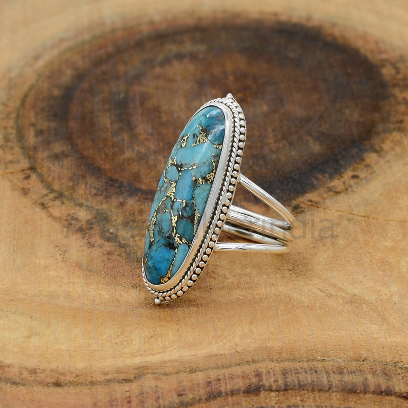 Blue Copper Turquoise Oval Ring, 925 Silver Ring, Long Gemstone Ring, Large Ring, Boho Turquoise Ring, Copper Turquoise Ring, Women Rings image 6