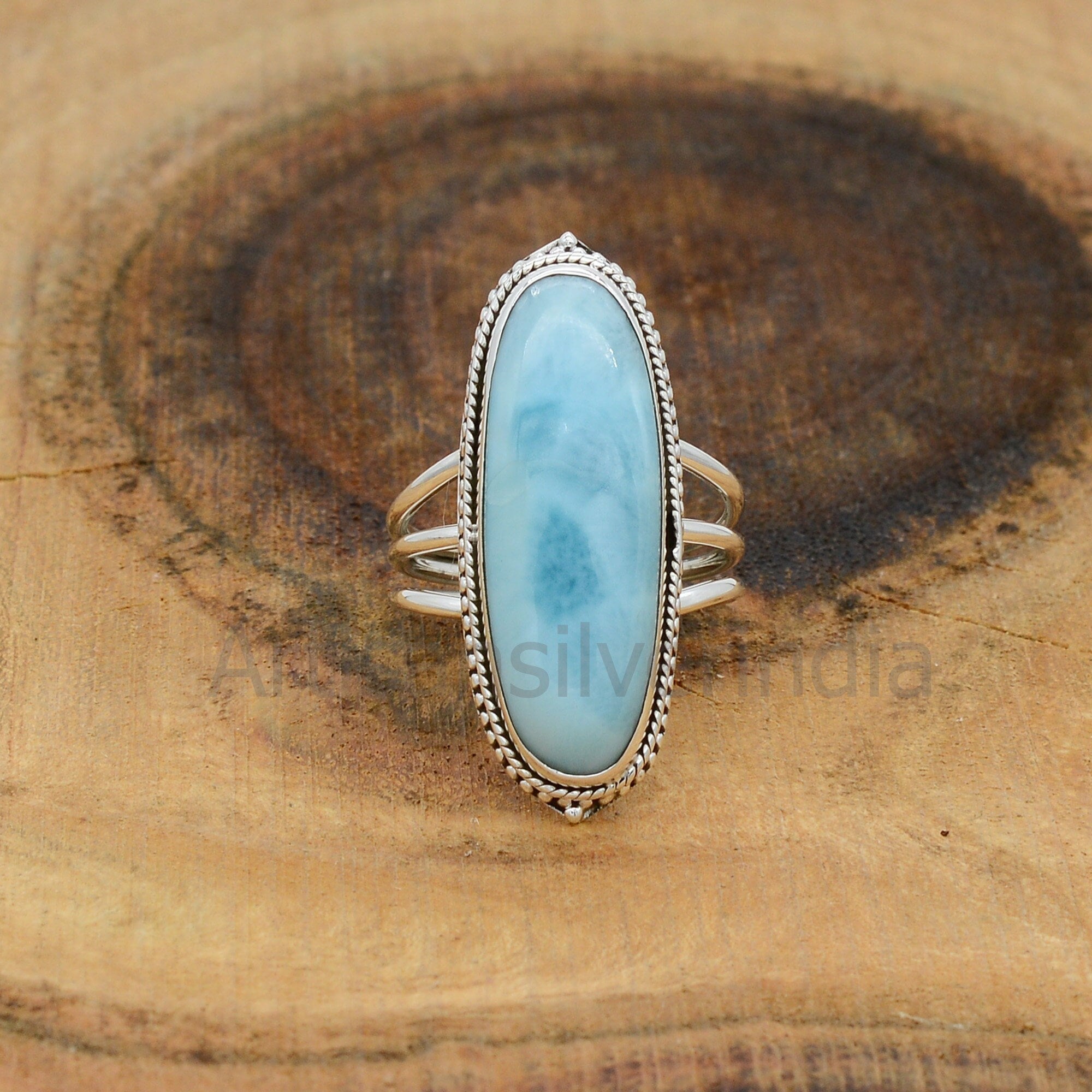 Handmade Oval Larimar Ring: 925 Sterling Silver Gemstone Jewelry