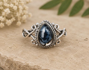Pear Pietersite 925 Sterling Silver Ring: Handmade Gemstone Jewelry