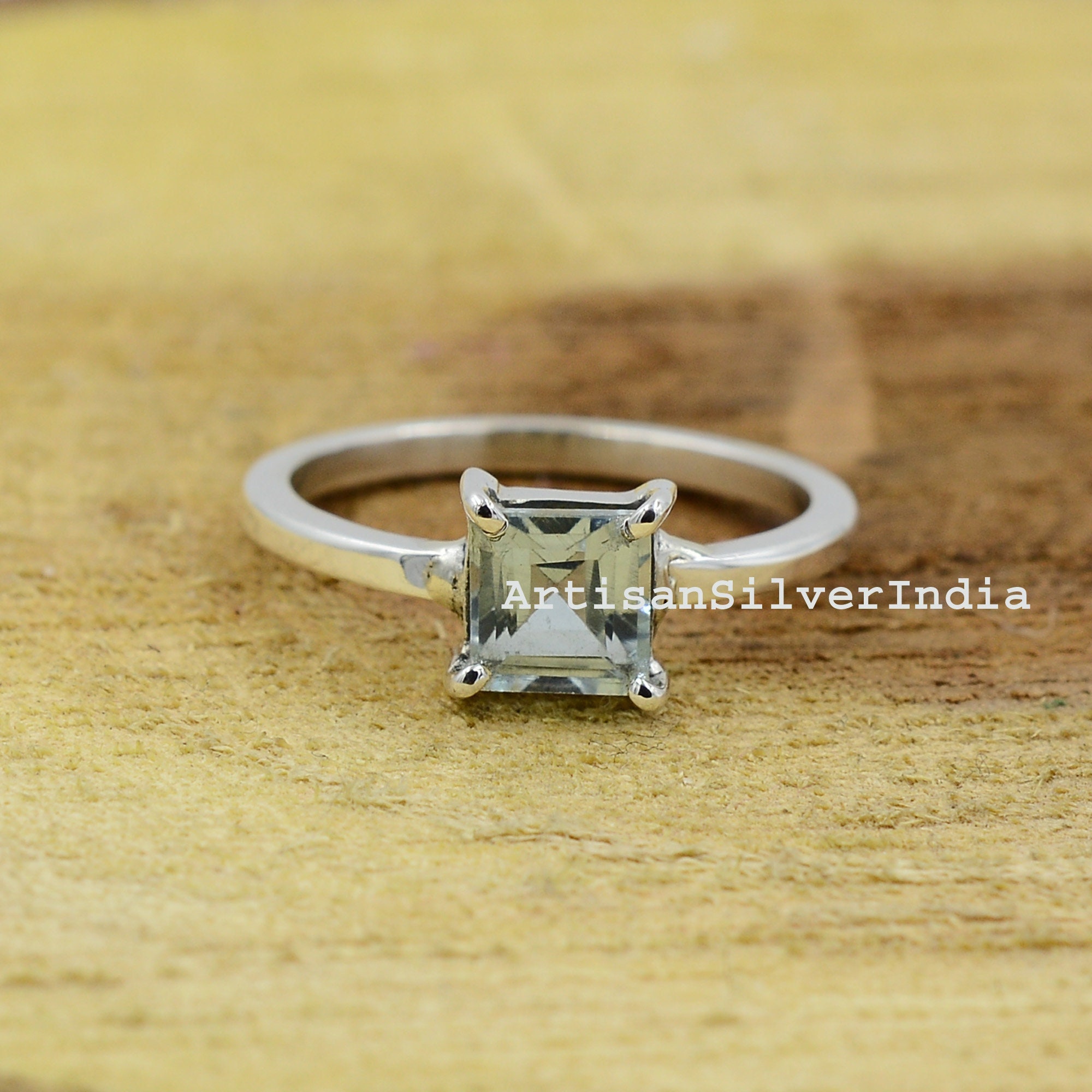 Anillo Celta Cuadrado/rectangular De AGUAMARINA Azul Verdosa En PLATA DE LEY 925 - Piedra Preciosa Genuina Y Natural - España
